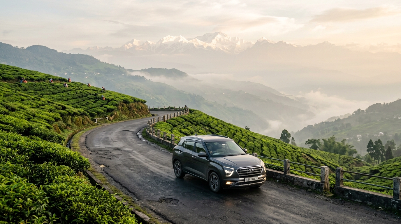 A modern SUV driving along a scenic mountain road through tea gardens toward the Kanchenjunga peaks