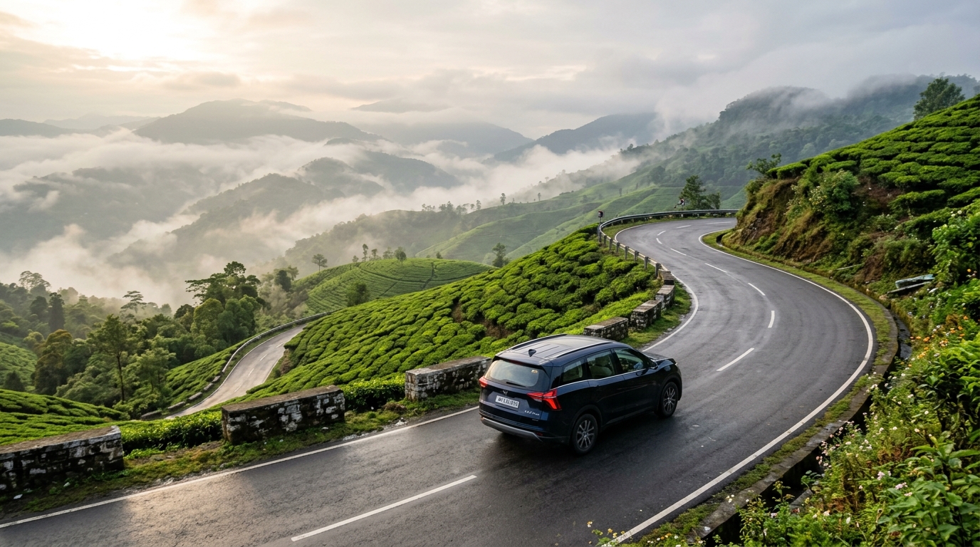 Self Drive Rental Siliguri SUV on scenic mountain road through tea gardens