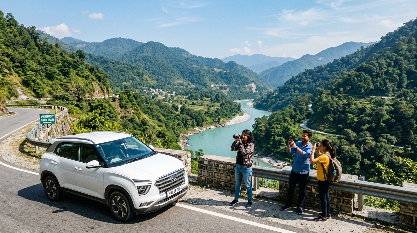 Travelers taking photos by Teesta River viewpoint with their self drive rental car